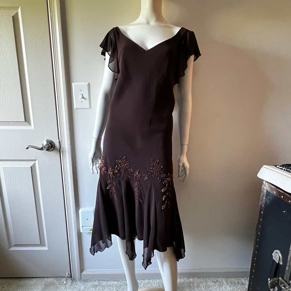 Vintage Y2K Chocolate Brown Beaded Chiffon Fairycore Handkerchief Hem Dress L